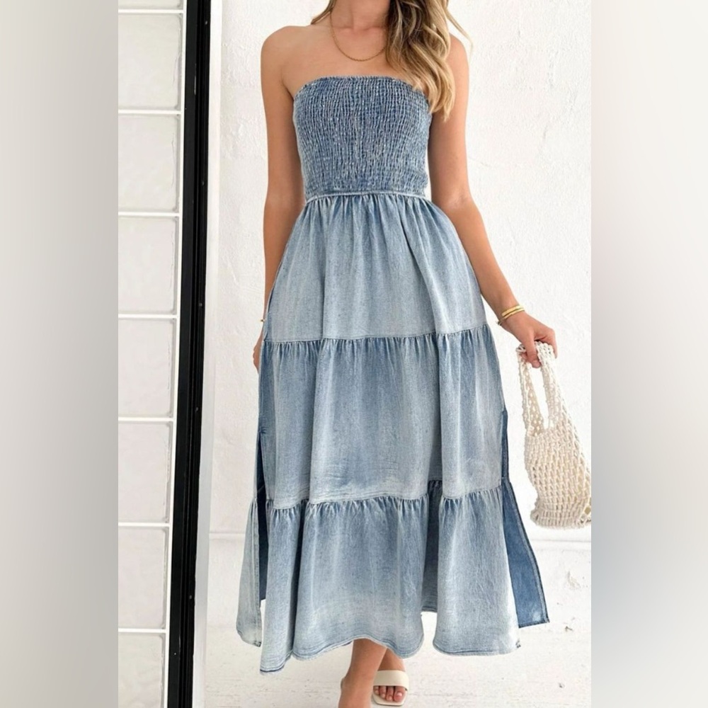 RISEN Smocked Tube Slit Tiered Elegant Blue Jean Strapless Midi Dress - Picture 5 of 8